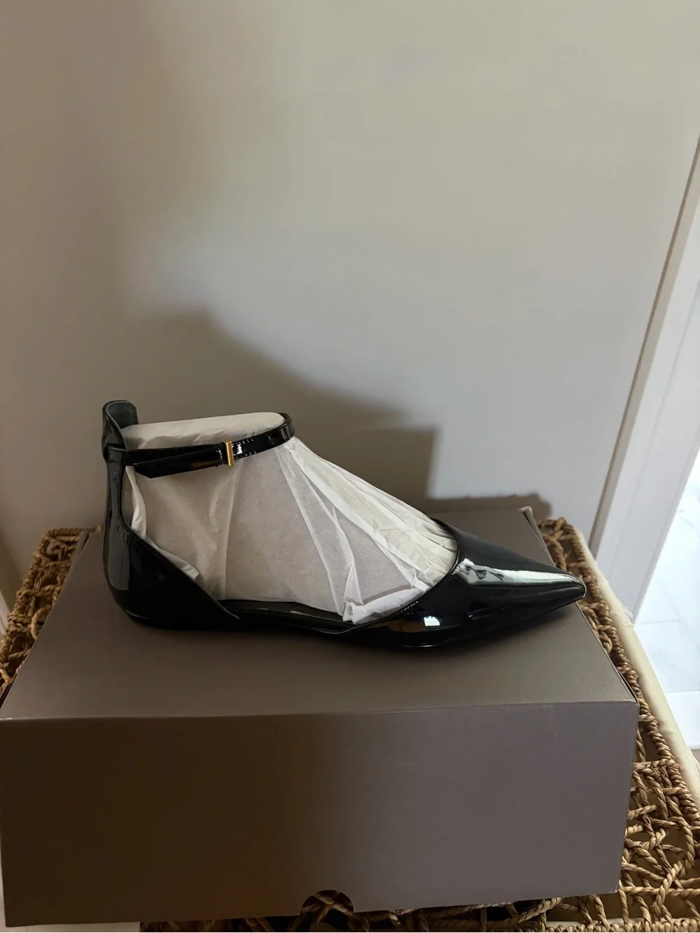 Franco Sarto Black Patent Pointed-Toe Ankle-Strap Flat